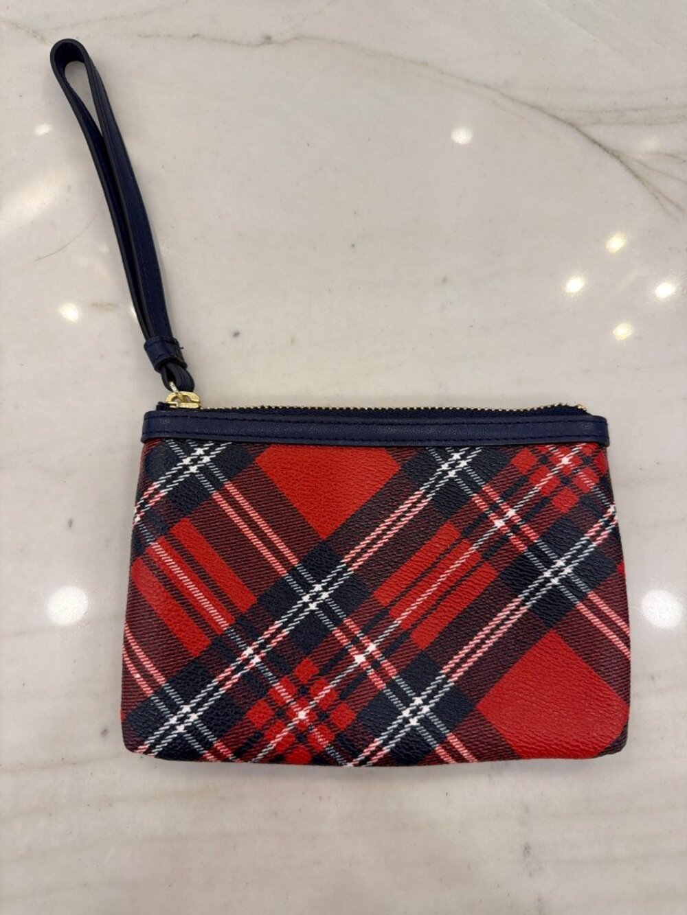 Draper James Plaid Wristlet Clutch With Navy Strap & Gold Zipper - Red & Navy Pl
